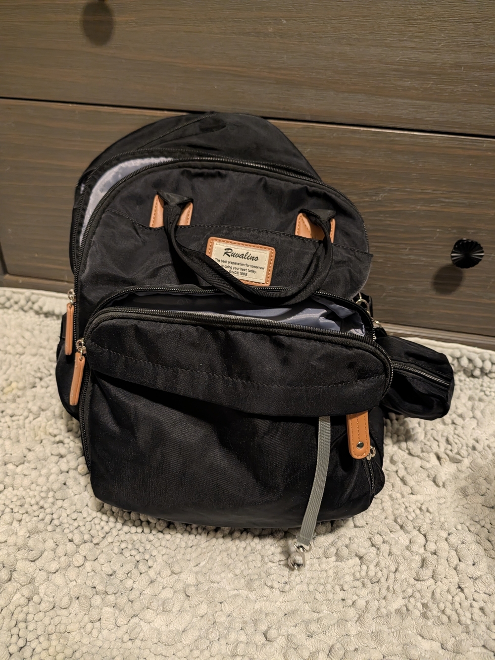 Baby Bag Black Nylon Backpack with Tan Accents